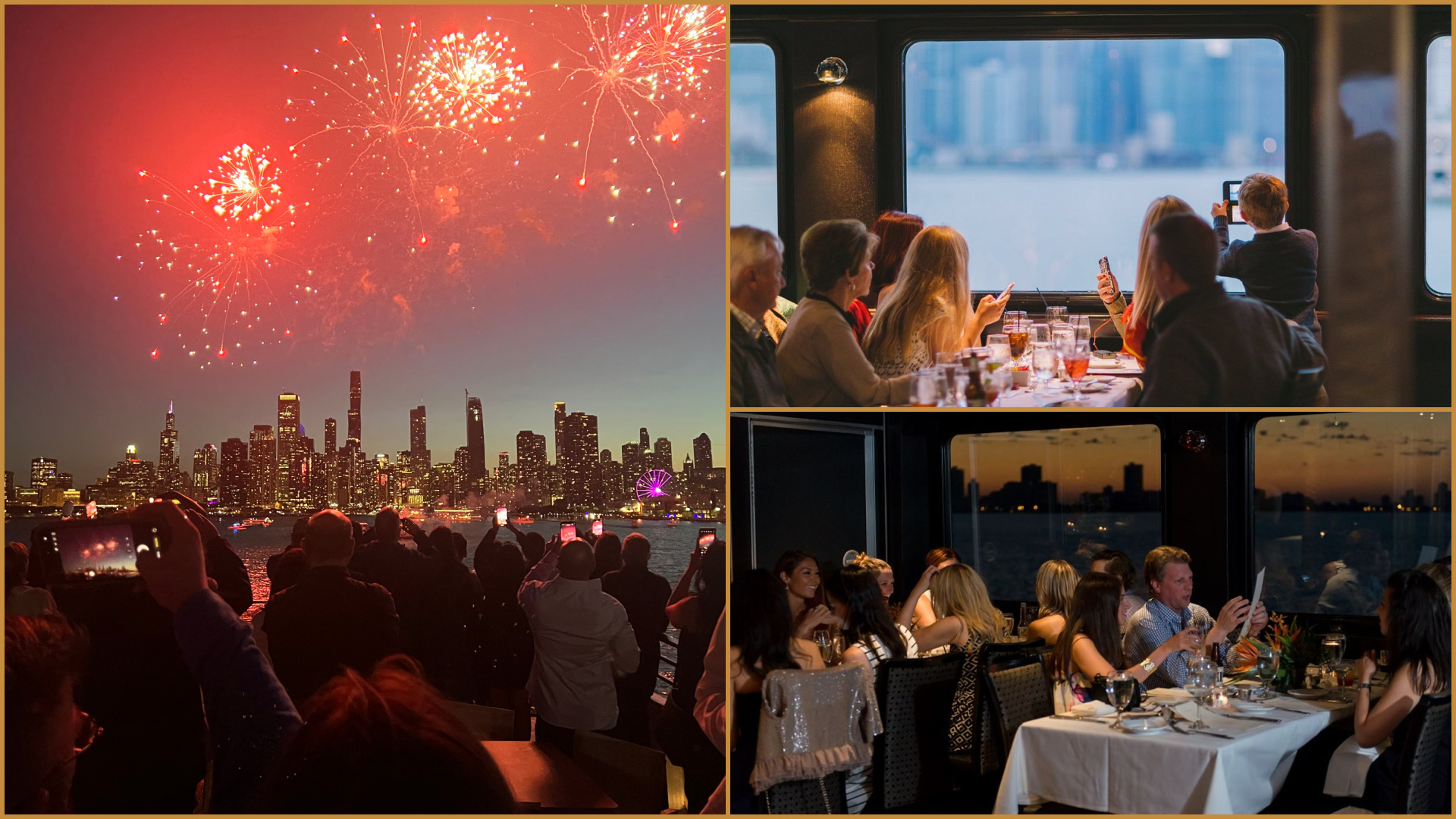 photo collage of fireworks over lake michigan and patrons aboard the odyssey